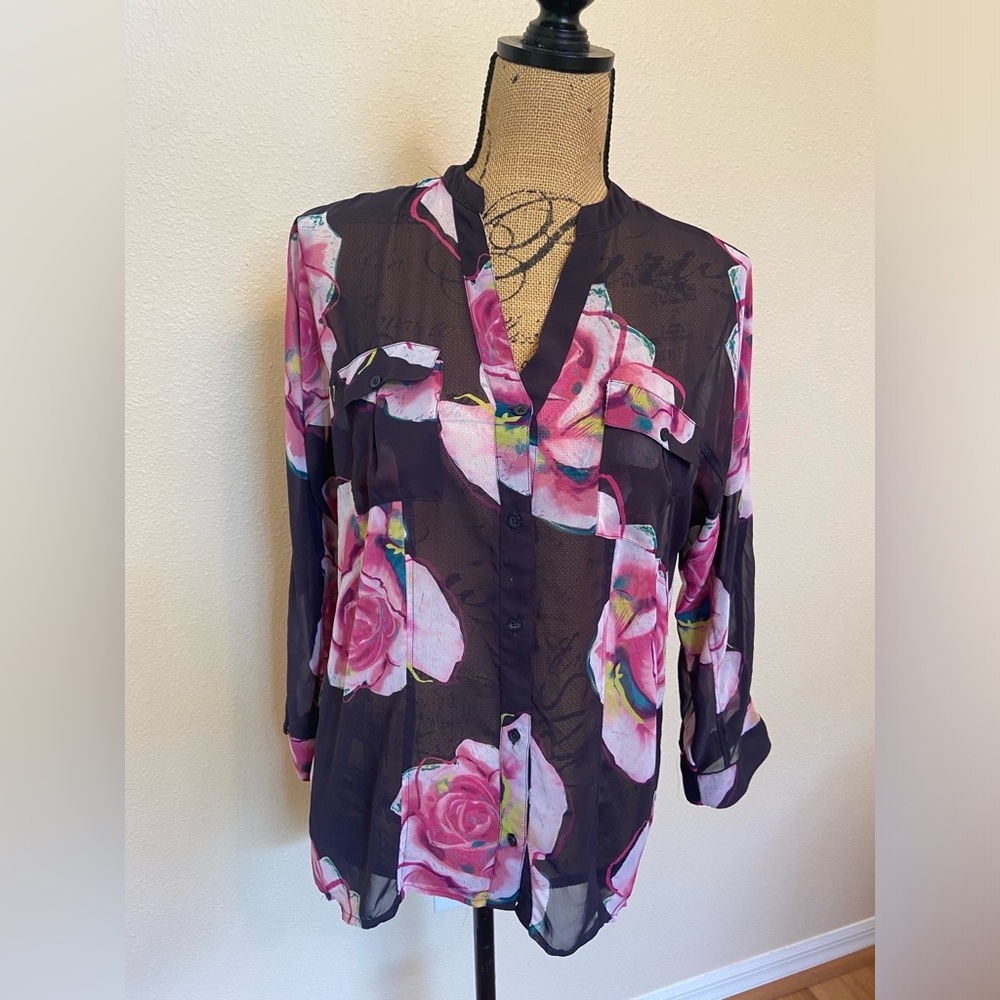 Sheer Floral Button Down Blouse